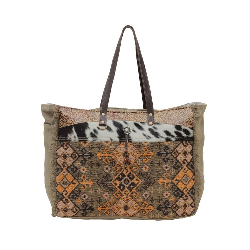 Myra Bag Handmade Parea Weekender Bag Upcycled Canvas & Cowhide Leather
